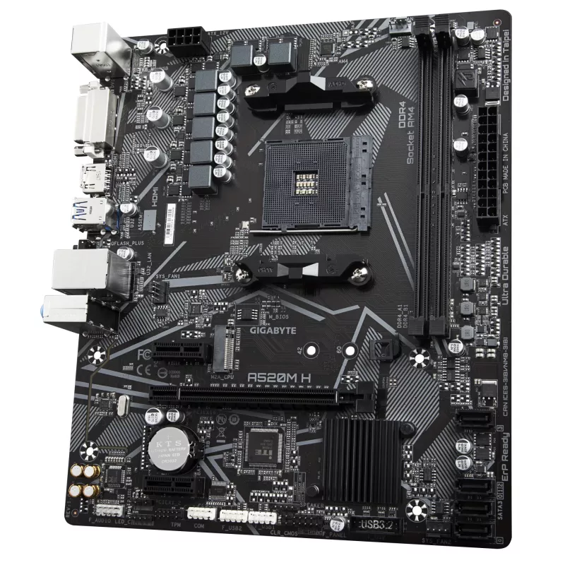 Placa-mãe GIGABYTE A520M H - Suporta CPUs AMD Ryzen 5000 Série AM4, VRM Pure Digital 4+3 fases, até 5100 MHz DDR4 (OC), PCIe 3.0 x4 M.2, GbE LAN, USB 3.2 Gen 1