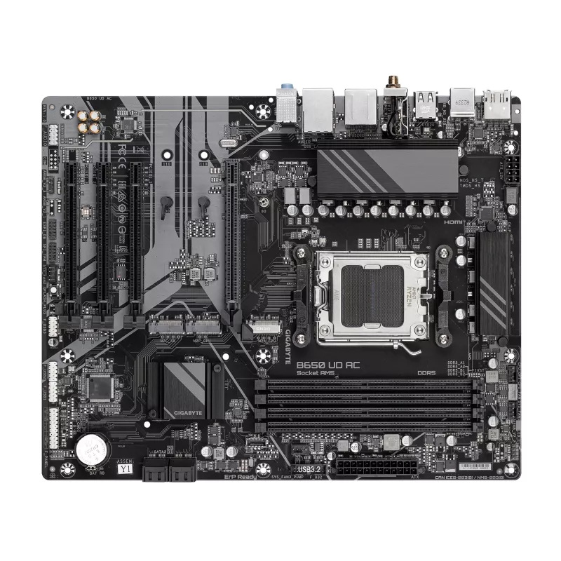 Placa-mãe GIGABYTE B650 UD AC - CPUs AMD Ryzen 9000 Série, VRM 6+2+2 fases, até 8000MHz DDR5 (OC), 1xPCIe 5.0 + 2xPCIe 4.0 M.2, GbE LAN, WIFI 5, USB 3.2 Gen 2