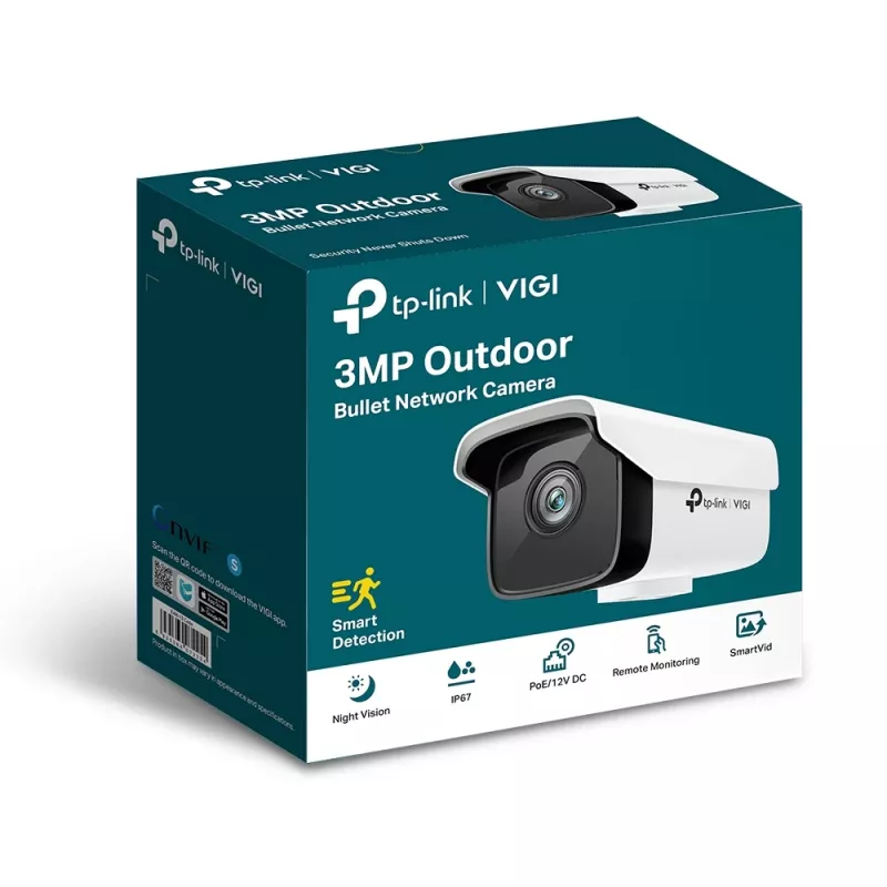 Câmara de segurança IP TP-Link VIGI 3MP exterior bullet câmara de rede, 3 MP, 30 fps, visão noturna 30 m, com fios, branca
