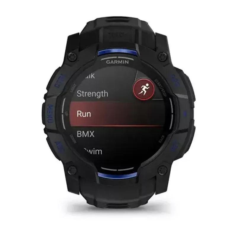 Garmin Instinct 3 AMOLED smartwatch, 50 mm, Black/Bolt Blue, bracelete de silicone (010-03020-03)