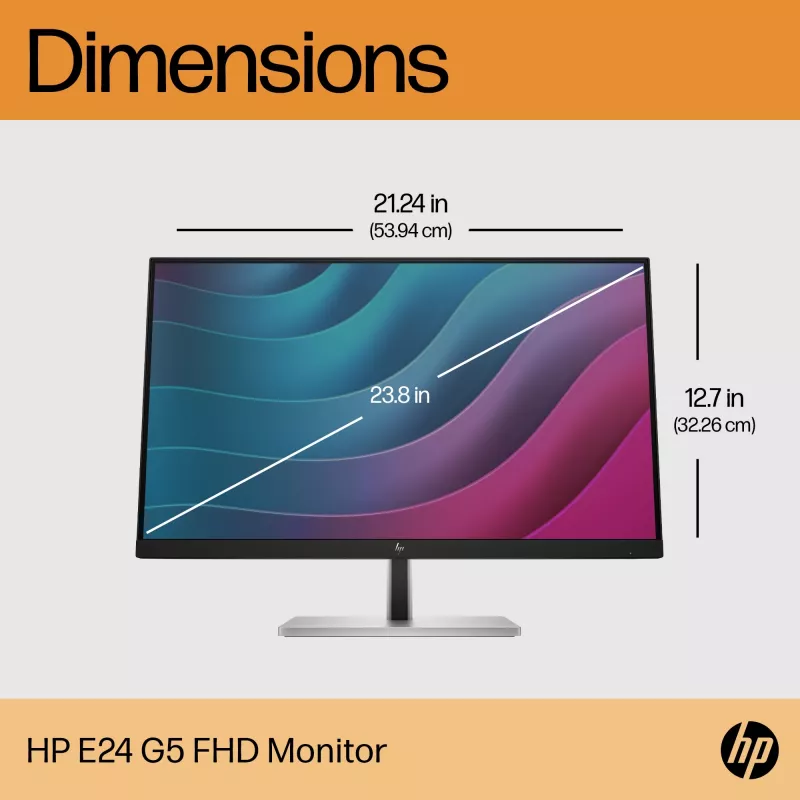 Monitor HP E24 G5 FHD sem PVC, 60,5 cm (23,8 polegadas), 1920 x 1080 píxeis, Full HD, LCD, 5 ms, preto, prateado