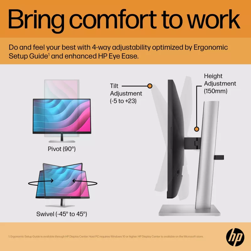 Monitor HP E24 G5 FHD sem PVC, 60,5 cm (23,8 polegadas), 1920 x 1080 píxeis, Full HD, LCD, 5 ms, preto, prateado
