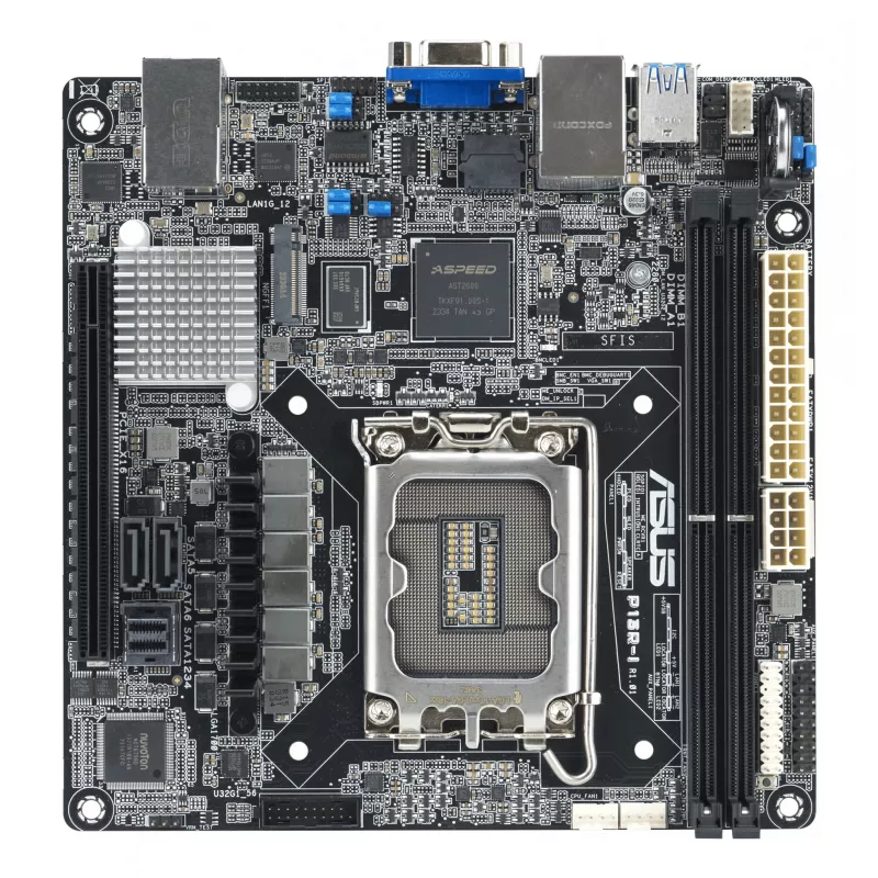 Placa-mãe ASUS P13R-I Mini ITX, chipset Intel C262, LGA 1700, DDR5, 2x DIMM, 64 GB, 6x SATA III, 3x RJ-45