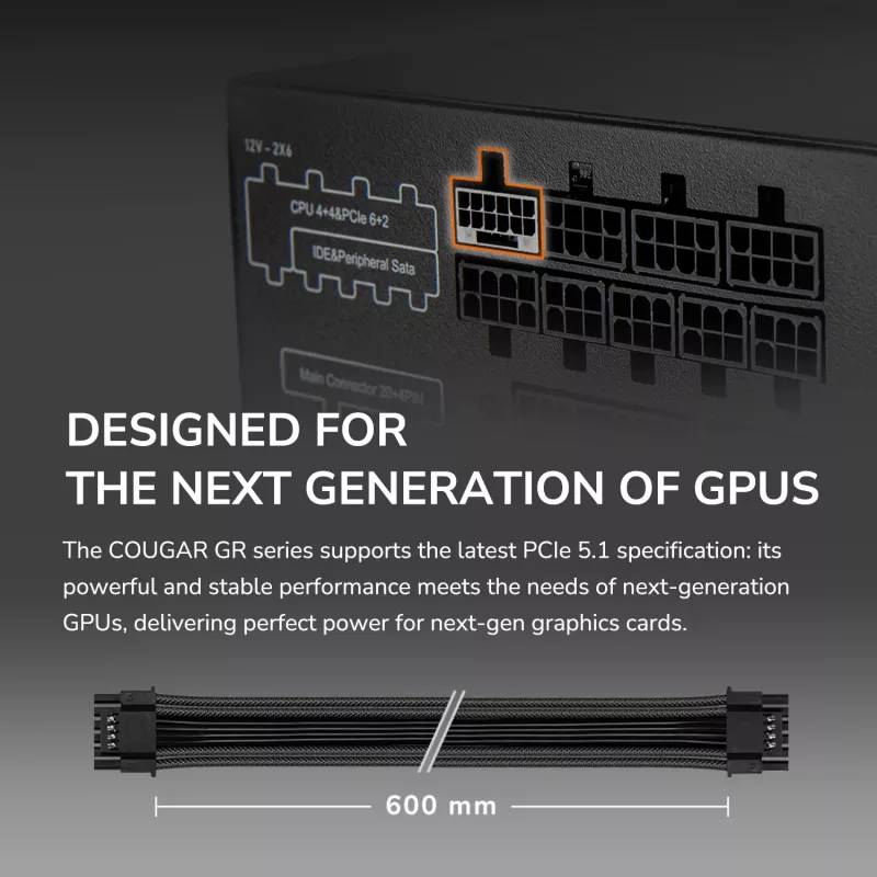 Fonte de alimentação COUGAR GR 750W ATX3.1/PCIE 5.1 / 80 Plus Gold, 750 W, 100 - 240 V, 50/60 Hz, 10 A, 100 W, 750 W