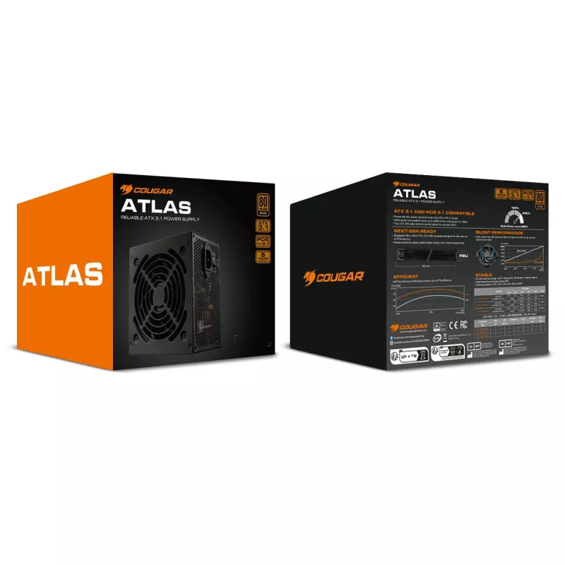 Fonte de alimentação Cougar ATLAS 650W ATX3.1 80 PLUS Bronze, 24-Pin-ATX, ventoinha de 120 mm, preto
