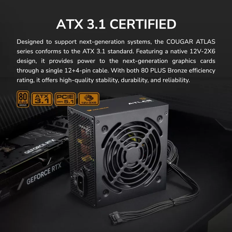 Fonte de alimentação Cougar ATLAS 650W ATX3.1 80 PLUS Bronze, 24-Pin-ATX, ventoinha de 120 mm, preto