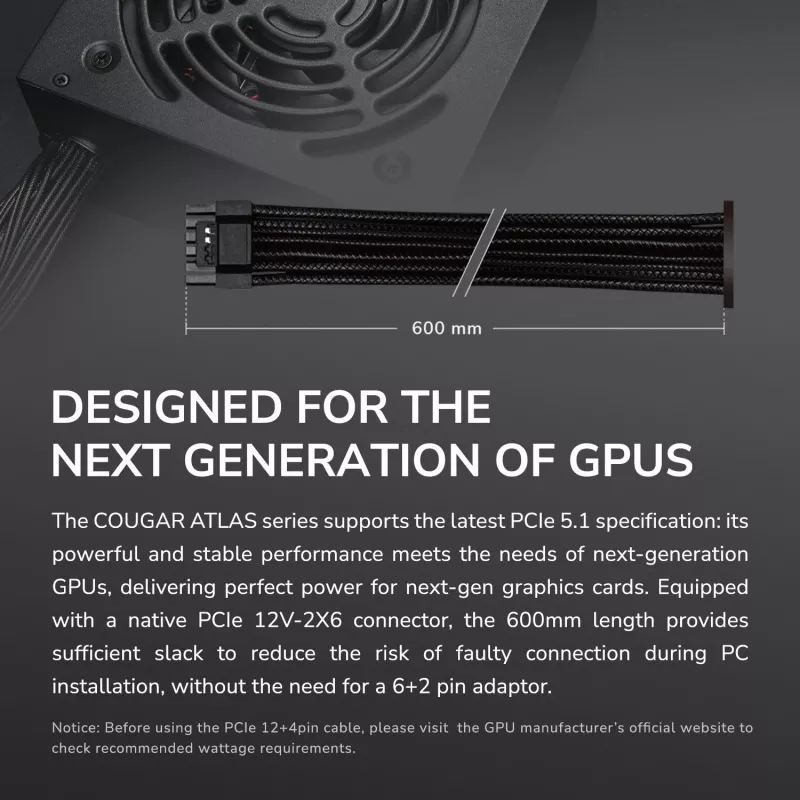 Fonte de alimentação Cougar ATLAS 650W ATX3.1 80 PLUS Bronze, 24-Pin-ATX, ventoinha de 120 mm, preto