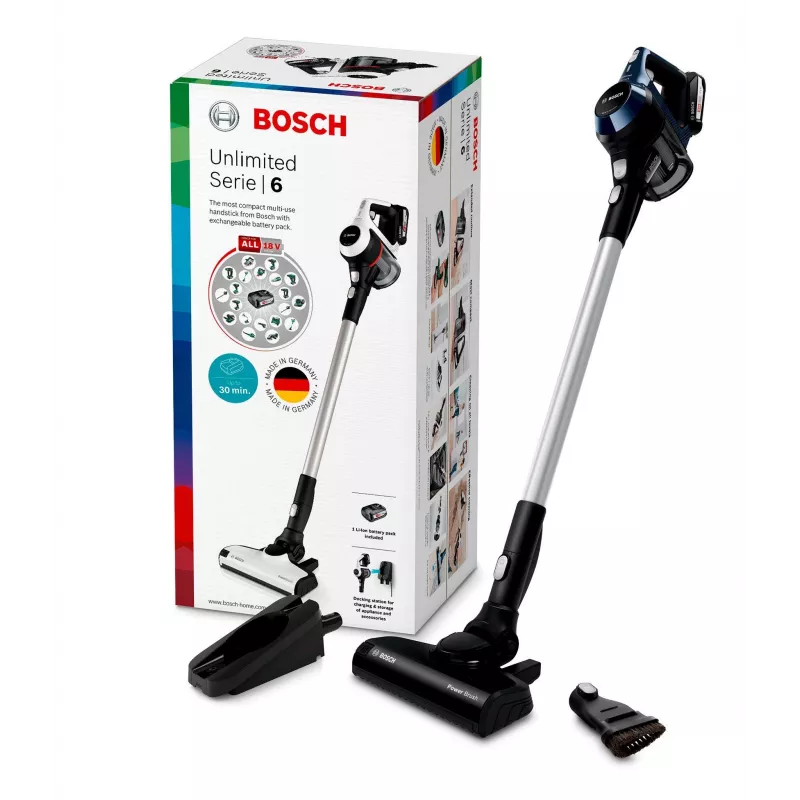 Aspirador vertical Bosch Serie 6 BBS611PCK 2 em 1 com bateria, filtro de higiene, sem saco, azul, 2,5 Ah