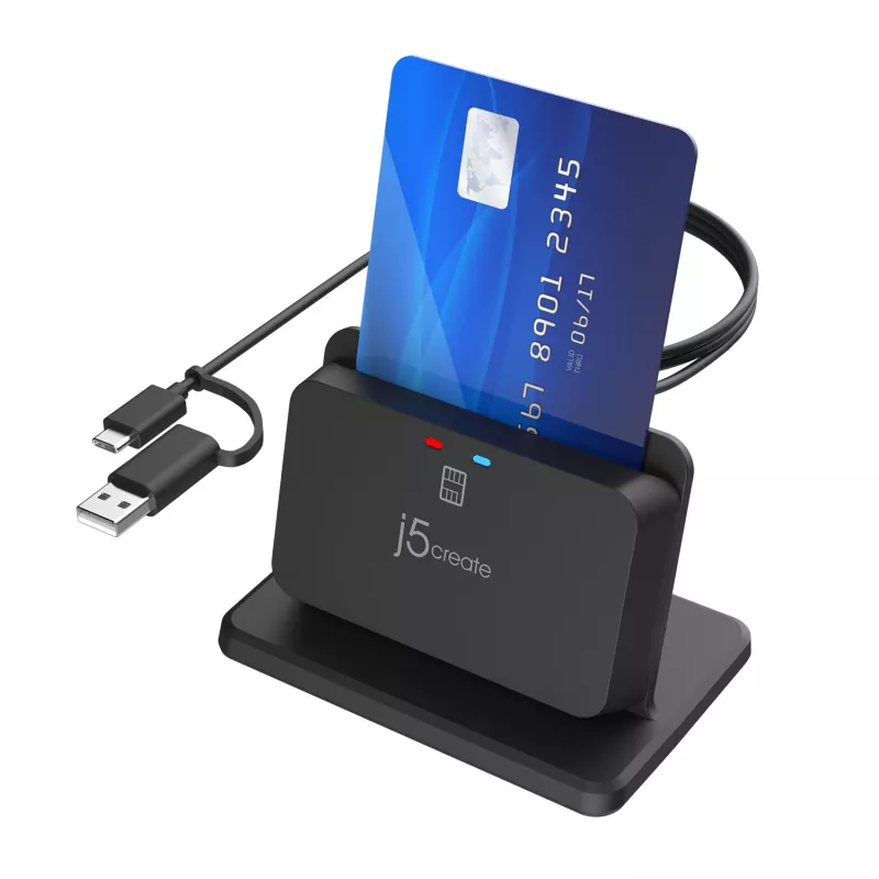 j5create JUR261 USB™ suporte para leitor de cartões inteligentes / CAC, USB Type-A/USB Type-C, preto, 95 g