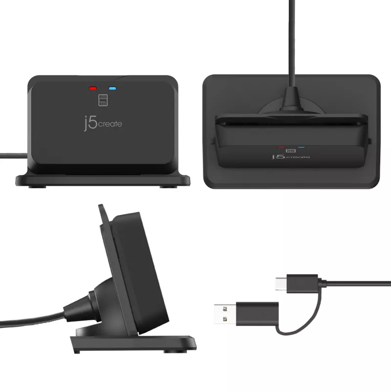 j5create JUR261 USB™ suporte para leitor de cartões inteligentes / CAC, USB Type-A/USB Type-C, preto, 95 g