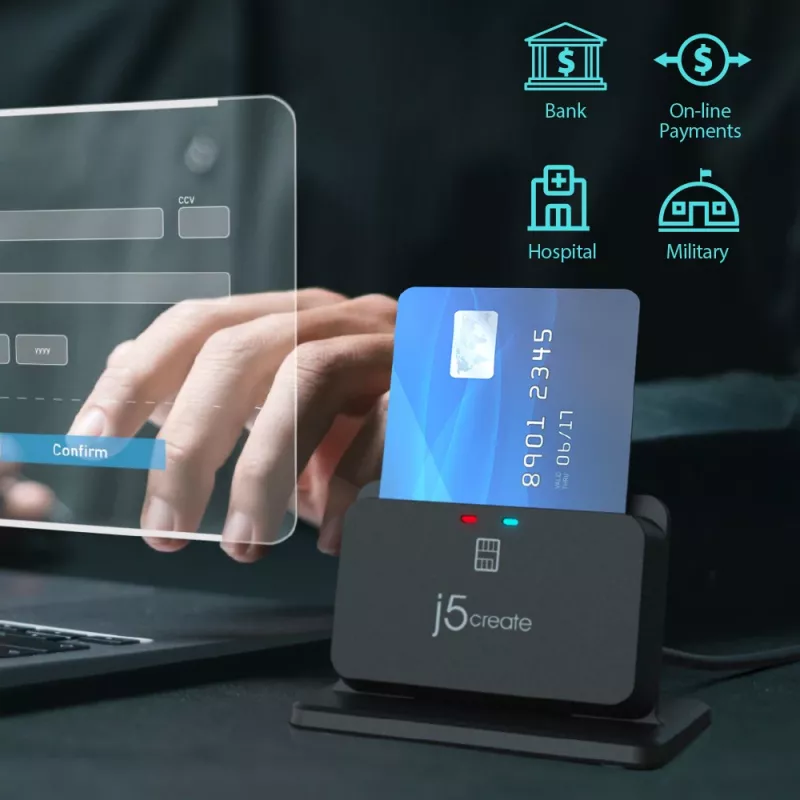 j5create JUR261 USB™ suporte para leitor de cartões inteligentes / CAC, USB Type-A/USB Type-C, preto, 95 g