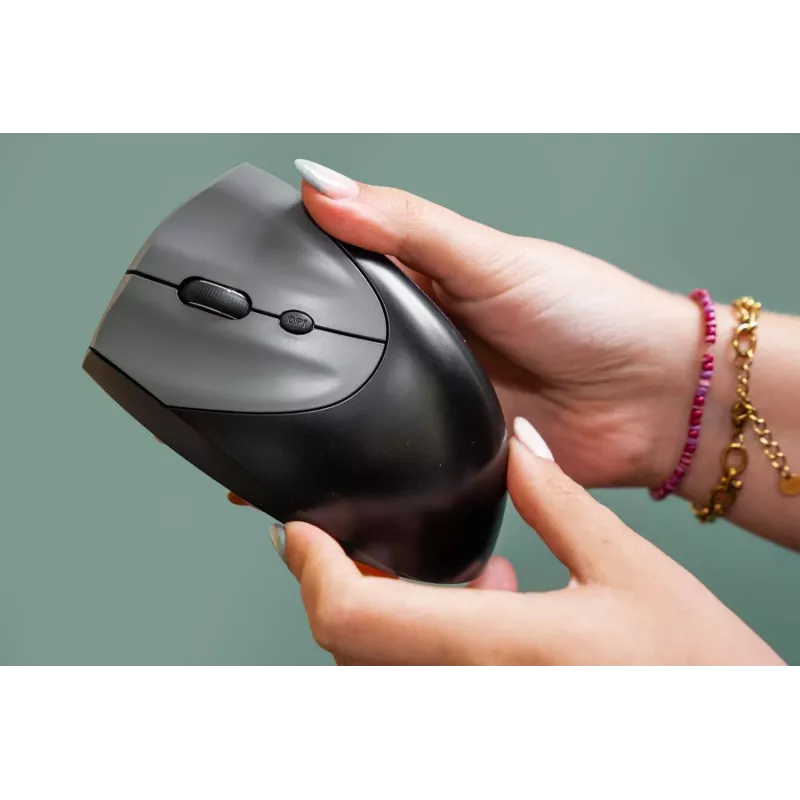 Rato BakkerElkhuizen Handshake esquerdo, para canhotos, design vertical, ótico, RF sem fios + Bluetooth + USB Type-C, 6400 DPI, preto, cinzento