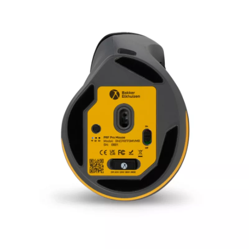 Rato BakkerElkhuizen PRF Pro direito, para destros, design vertical, ótico, RF sem fios + Bluetooth + USB Type-C, 2400 DPI, preto, cinzento