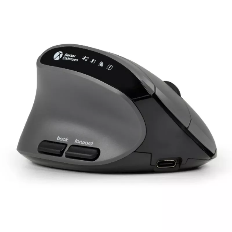 Rato BakkerElkhuizen MidWay esquerdo, para canhotos, design vertical, ótico, RF sem fios + Bluetooth + USB Type-C, 2400 DPI, cinzento, preto
