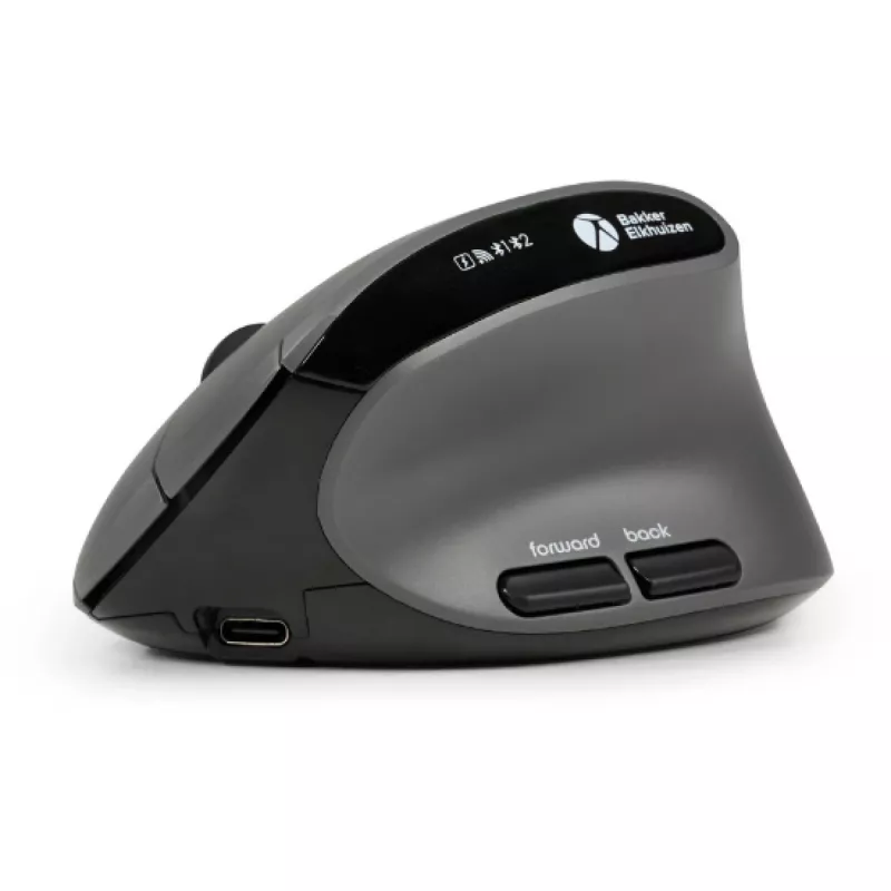 Rato BakkerElkhuizen MidWay direito, para destros, design vertical, ótico, RF sem fios + Bluetooth + USB Type-C, 2400 DPI, cinzento, preto