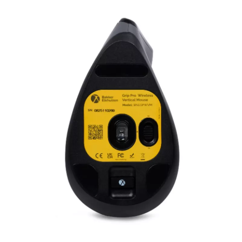 Rato BakkerElkhuizen Grip Pro, para destros, design vertical, ótico, RF sem fios, 2400 DPI, cinzento, preto, amarelo