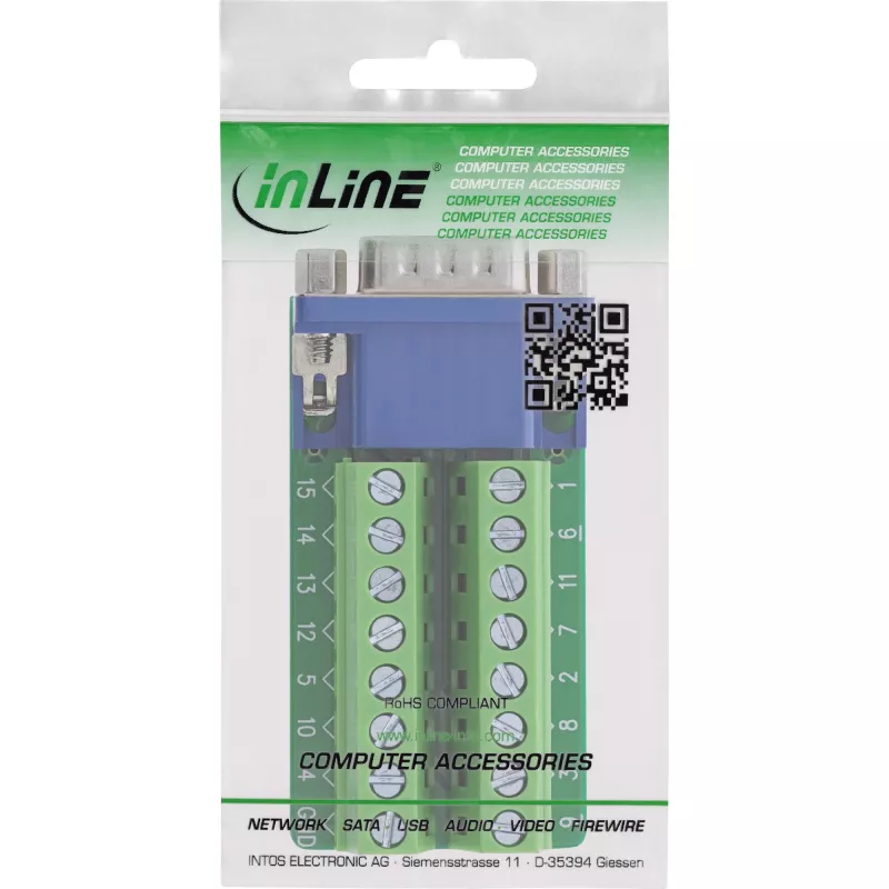 InLine 92503B Conector de cabos bloco de terminais, VGA (HD15) azul, verde
