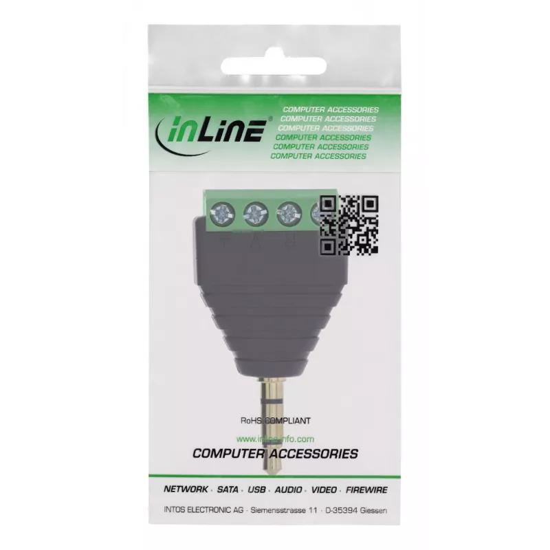 InLine 92504J Conector de cabos ficha jack TRRS de 3,5 mm 4 polos / bloco de terminais 4 ligações, preto, verde