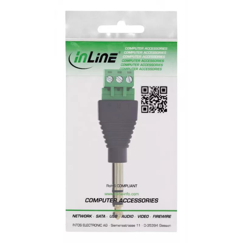 InLine 92504L Conector de cabos ficha jack TRS de 6,35 mm 3 polos / bloco de terminais 3 terminais, preto, verde