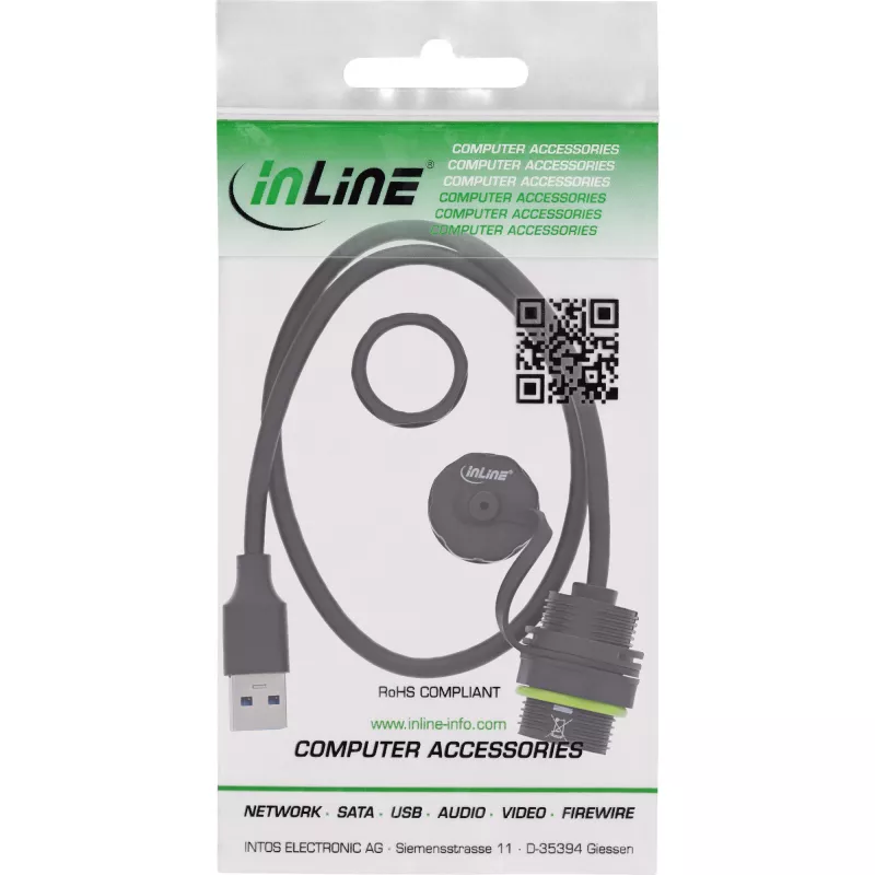 InLine Acoplador USB-A IP68 blindado, fêmea para macho, 0,5 m