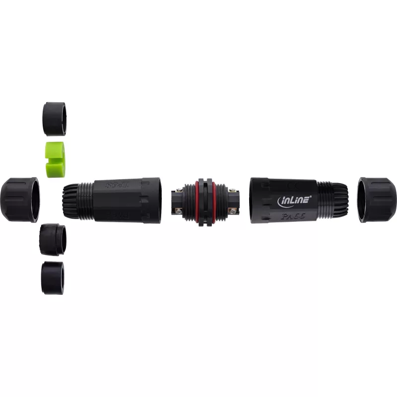 InLine 69927T Acoplador de rede IP68, 3 polos, 2 vias, M20, preto