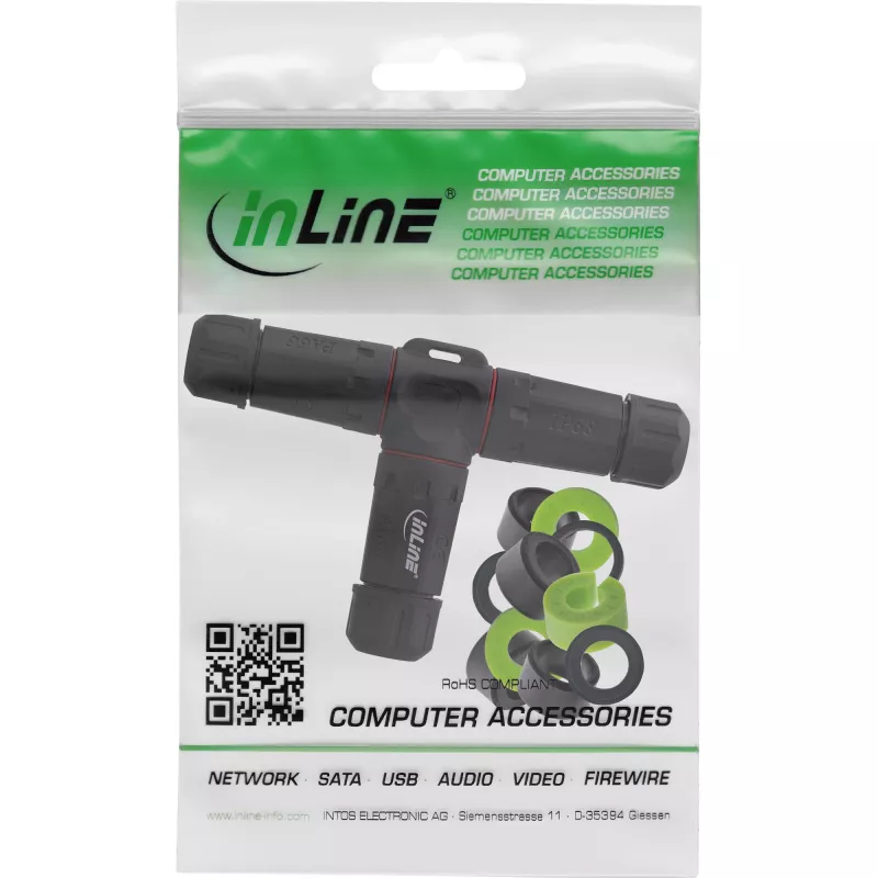 InLine 69927U Acoplador de rede IP68, 3 polos, 3 vias (T), M20, preto