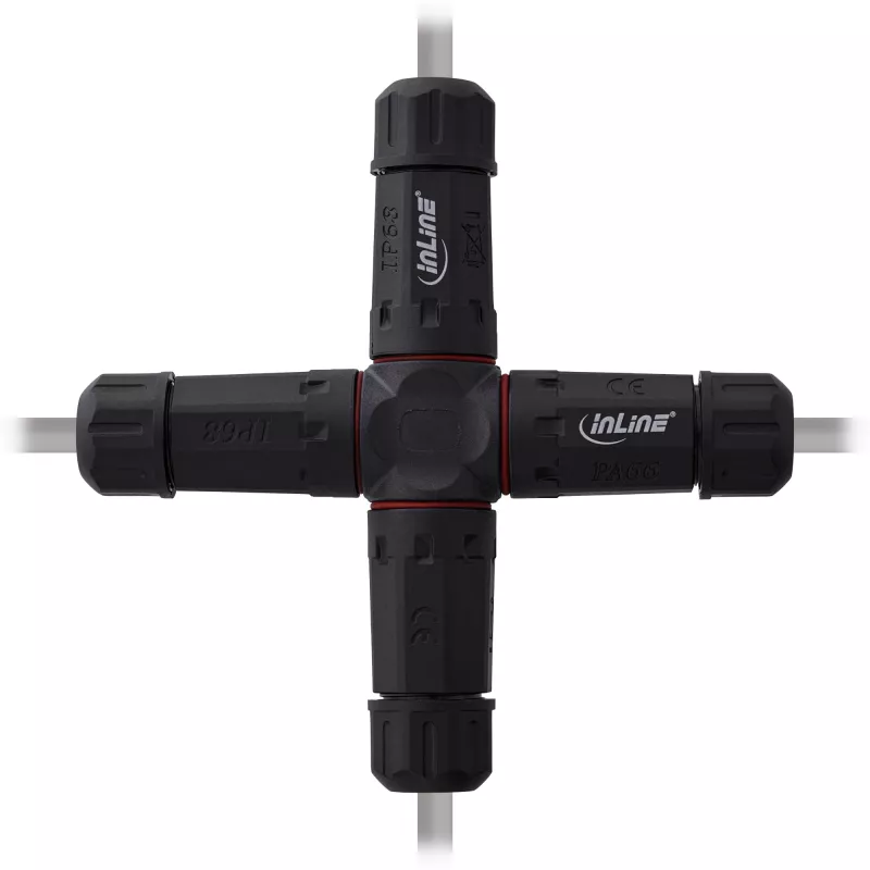 InLine 69927V Acoplador de rede IP68, 3 polos, 4 vias (cruz), M20, preto