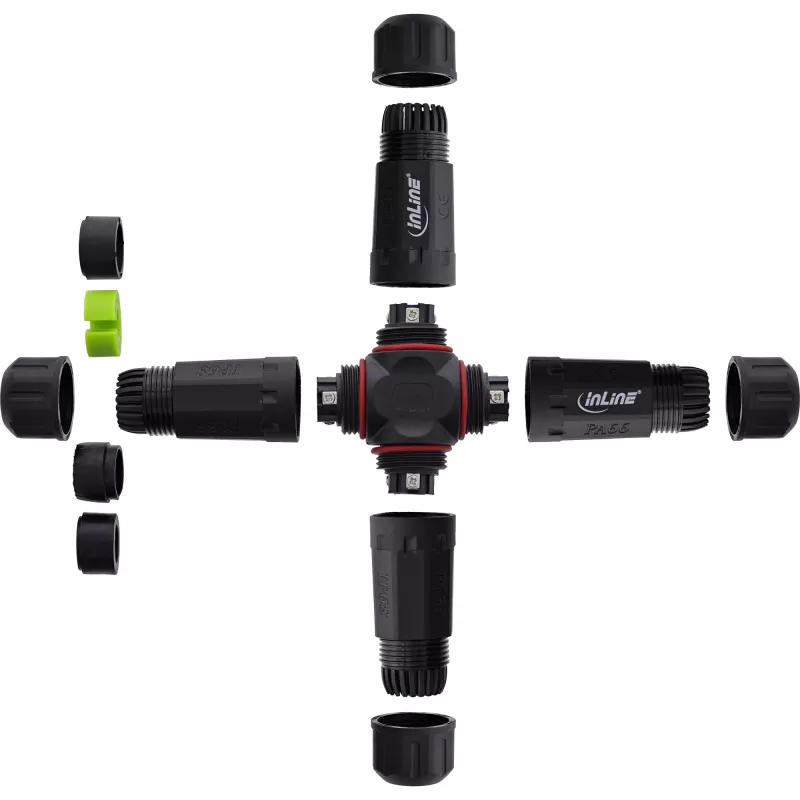 InLine 69927V Acoplador de rede IP68, 3 polos, 4 vias (cruz), M20, preto