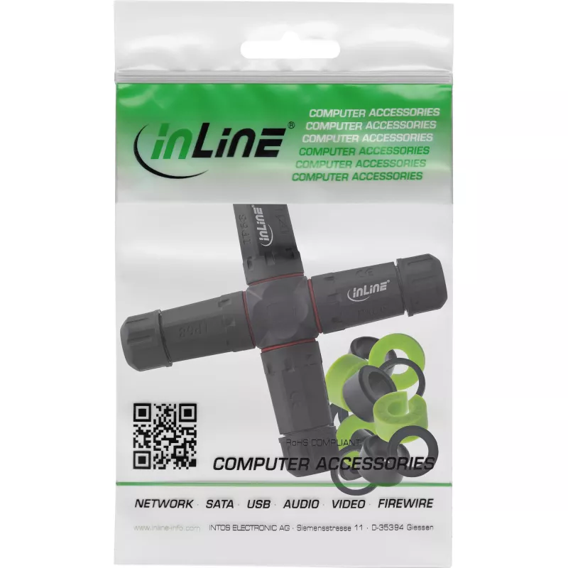 InLine 69927V Acoplador de rede IP68, 3 polos, 4 vias (cruz), M20, preto