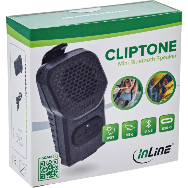 Altifalante portátil mono InLine 55383 — preto, driver 2,8 cm, Bluetooth 2,4 GHz (alcance 10 m)