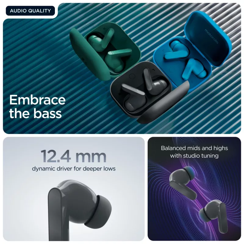 Headset MOTOROLA Moto Buds Bass TWS Bluetooth In-Ear para chamadas e música, preto, 51 g