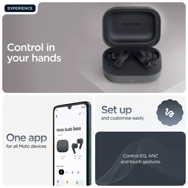 Headset MOTOROLA Moto Buds Bass TWS Bluetooth In-Ear para chamadas e música, preto, 51 g