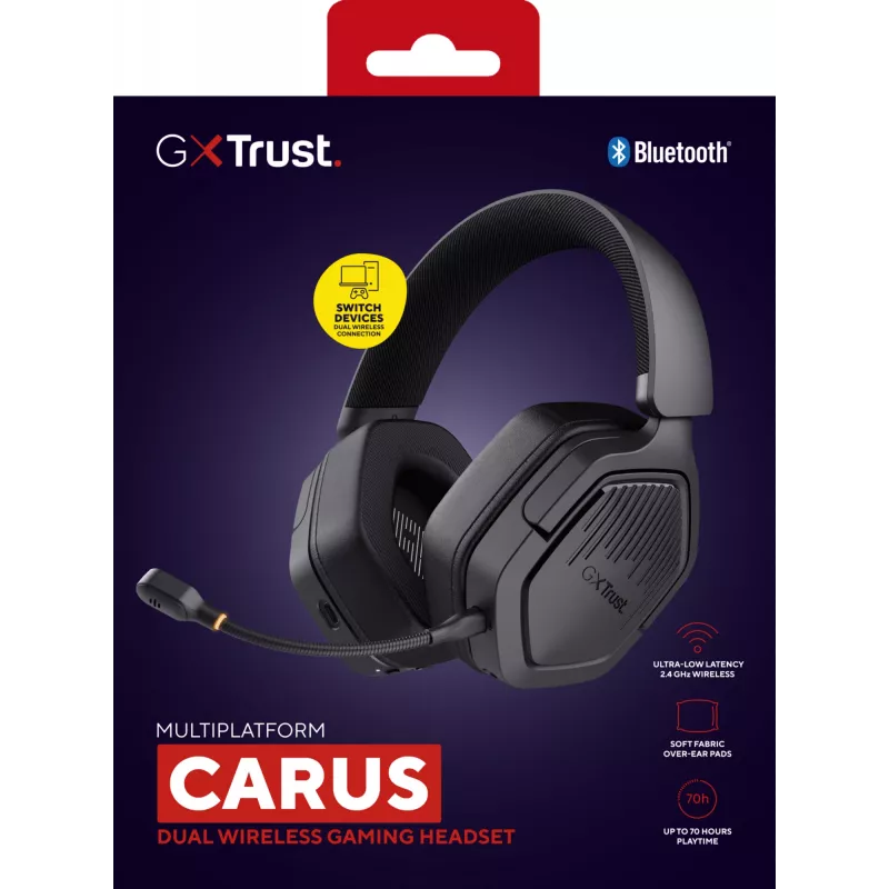 Headset Trust GXT 493 Carus com fios e sem fios arco de cabeça, capacete gaming USB Type-C / USB Type-A Bluetooth preto