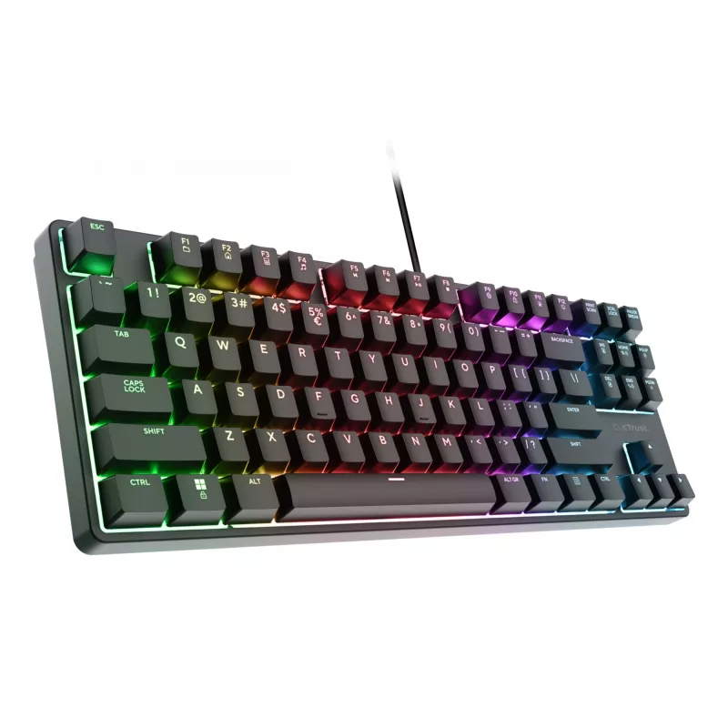 Teclado gaming mecânico TRUST 26135, 80% 87 teclas, layout QWERTZ alemão, USB com fios, preto, cabo de 1,8 m