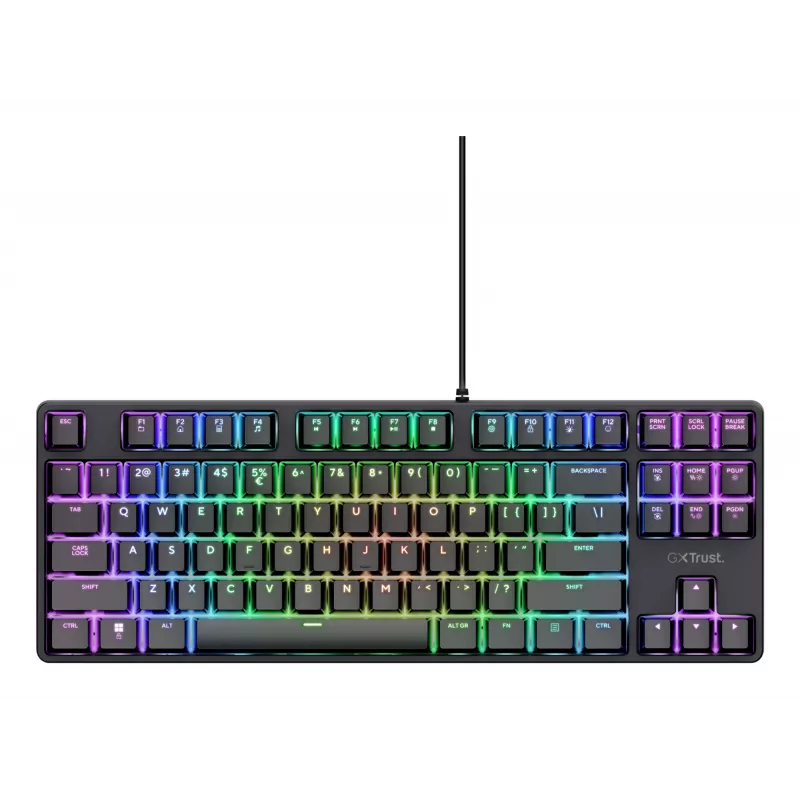 Teclado gaming mecânico TRUST 26135, 80% 87 teclas, layout QWERTZ alemão, USB com fios, preto, cabo de 1,8 m