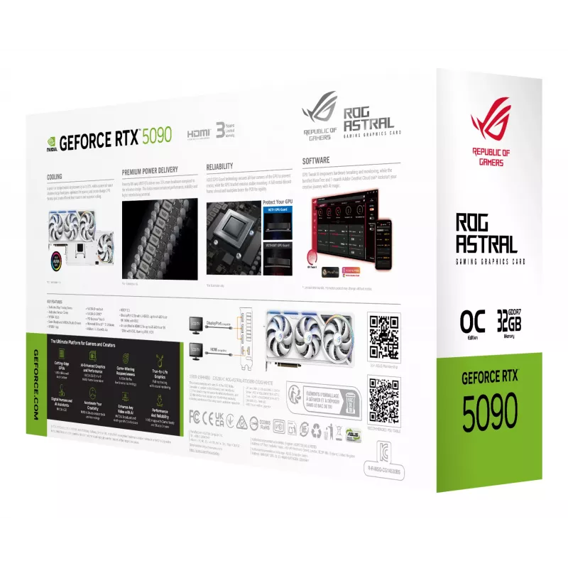 Placa gráfica ASUS ROG Astral GeForce RTX 5090, 32 GB GDDR7, 512 bits, PCIe 5.0, 3 ventoinhas, branca