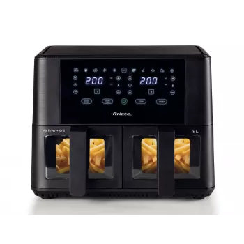 Ariete 4631 fritadeira de ar quente dupla 9L, 2400W, capacidade total 9L, 11 programas, multifunções, até 3,6 kg de alimentos fritos temperatura até 200°C, cesto duplo, preto