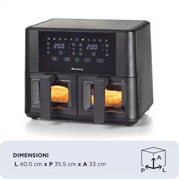 Ariete 4631 fritadeira de ar quente dupla 9L, 2400W, capacidade total 9L, 11 programas, multifunções, até 3,6 kg de alimentos fritos temperatura até 200°C, cesto duplo, preto