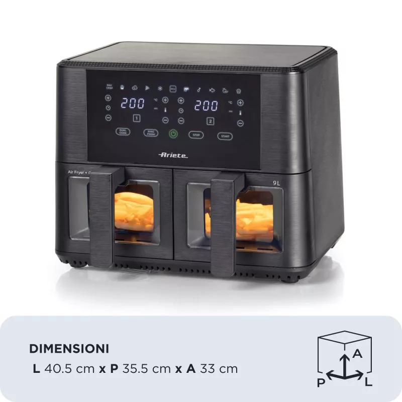 Ariete 4631 fritadeira de ar quente dupla 9L, 2400W, capacidade total 9L, 11 programas, multifunções, até 3,6 kg de alimentos fritos temperatura até 200°C, cesto duplo, preto
