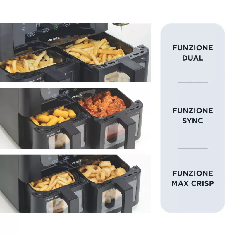 Ariete 4631 fritadeira de ar quente dupla 9L, 2400W, capacidade total 9L, 11 programas, multifunções, até 3,6 kg de alimentos fritos temperatura até 200°C, cesto duplo, preto