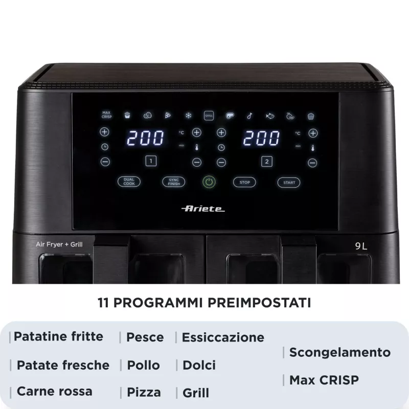 Ariete 4631 fritadeira de ar quente dupla 9L, 2400W, capacidade total 9L, 11 programas, multifunções, até 3,6 kg de alimentos fritos temperatura até 200°C, cesto duplo, preto