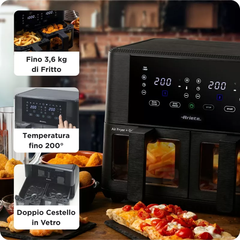 Ariete 4631 fritadeira de ar quente dupla 9L, 2400W, capacidade total 9L, 11 programas, multifunções, até 3,6 kg de alimentos fritos temperatura até 200°C, cesto duplo, preto