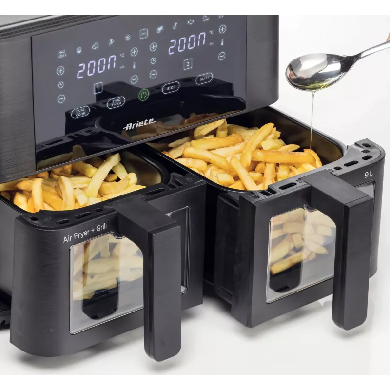 Ariete 4631 fritadeira de ar quente dupla 9L, 2400W, capacidade total 9L, 11 programas, multifunções, até 3,6 kg de alimentos fritos temperatura até 200°C, cesto duplo, preto