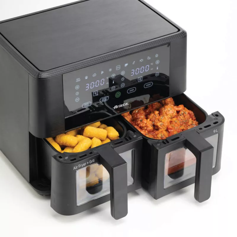 Ariete 4631 fritadeira de ar quente dupla 9L, 2400W, capacidade total 9L, 11 programas, multifunções, até 3,6 kg de alimentos fritos temperatura até 200°C, cesto duplo, preto