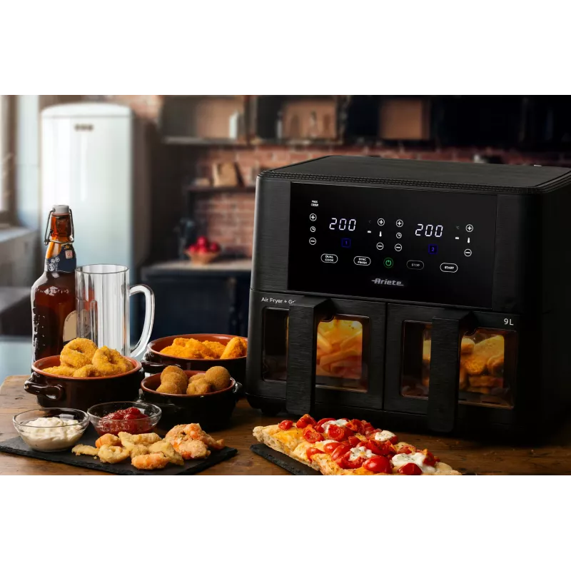 Ariete 4631 fritadeira de ar quente dupla 9L, 2400W, capacidade total 9L, 11 programas, multifunções, até 3,6 kg de alimentos fritos temperatura até 200°C, cesto duplo, preto