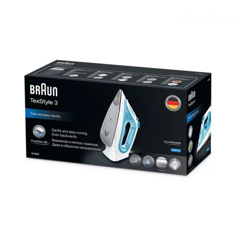 Braun TexStyle 3 ferro de engomar a vapor SI 3053 azul base cerâmica 2400 W