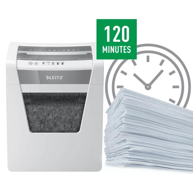 Destruidora de documentos Leitz IQ Office Security P5, corte micro, 22,3 cm, 2 x 15 mm, 23 l, 250 folhas, 55 dB