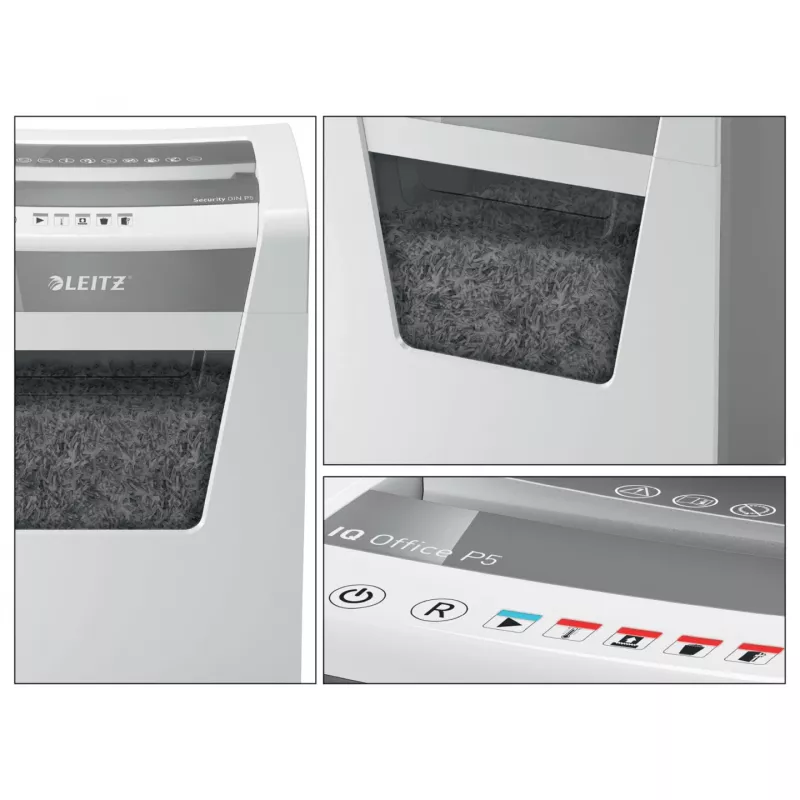 Destruidora de documentos Leitz IQ Office Security P5, corte micro, 22,3 cm, 2 x 15 mm, 23 l, 250 folhas, 55 dB