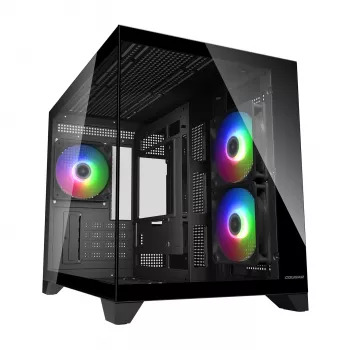 Caixa de PC mini-torre Cougar FV150 ARGB — preto, suporta 2x ventoinhas laterais de 120/140 mm, 1x de 120 mm traseira, HDD 2,5 polegadas/3,5 polegadas, 285×435×365 mm