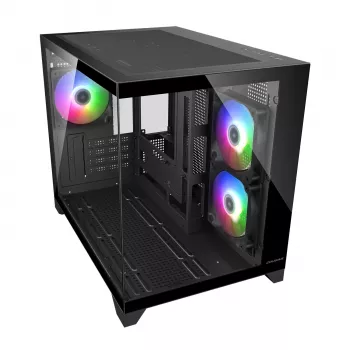 Caixa de PC mini-torre Cougar FV150 ARGB — preto, suporta 2x ventoinhas laterais de 120/140 mm, 1x de 120 mm traseira, HDD 2,5 polegadas/3,5 polegadas, 285×435×365 mm
